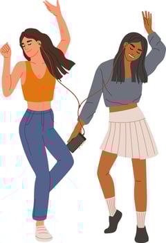 Two diverse female friends wearing earphones and joyfully dancing while listening to music from a smartphone, celebrating friendship and enjoying their time together vector