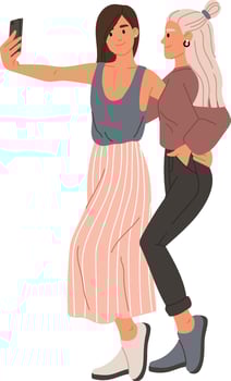 Two cheerful female friends are taking a selfie together, embracing and smiling, capturing a moment of friendship and joy with a smartphone vector