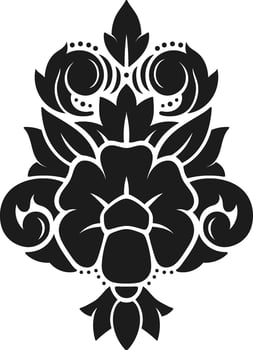 Classic symmetrical black damask floral pattern featuring decorative swirls, leaves, and dots, isolated on a white background, evoking a sense of luxury, elegance, and sophistication vector
