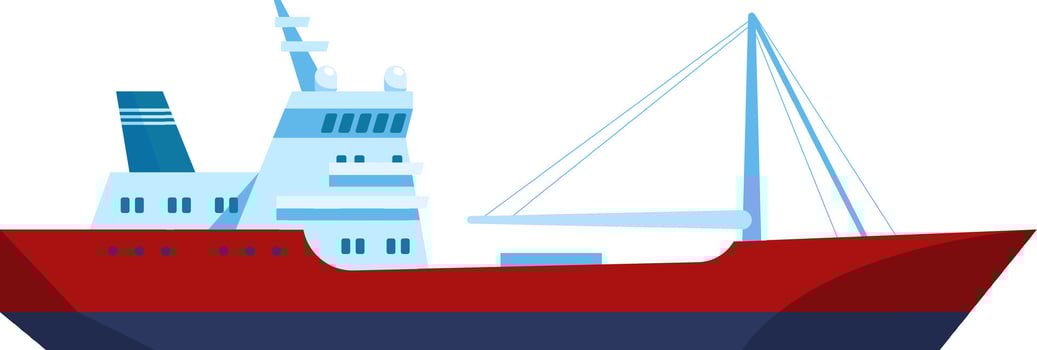 Red and blue fishing boat sailing on the open sea, equipped with a sturdy fishing mast, preparing for an exciting day of fishing activities and maritime adventures vector