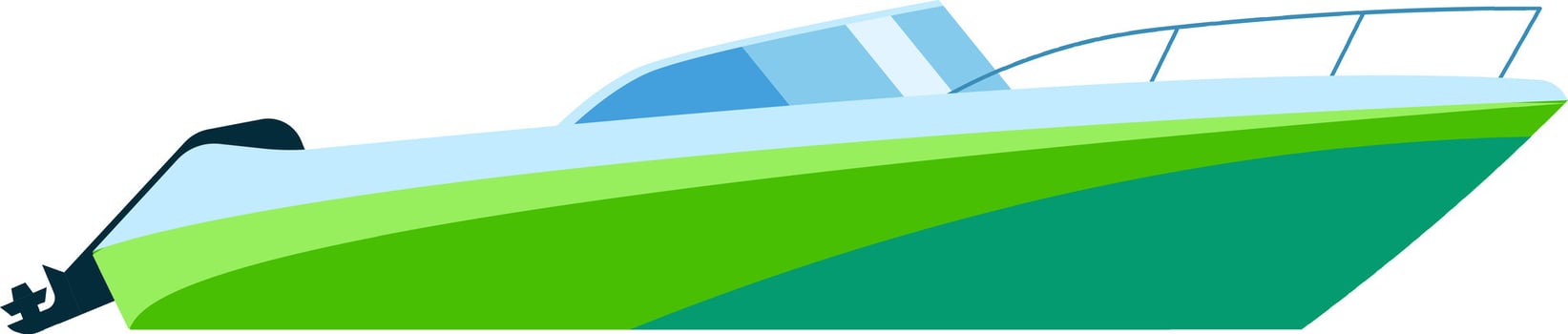 Side view of a fast motorboat sailing on water, featuring a blue windshield and a green and light blue hull, ideal for leisure and recreational activities vector