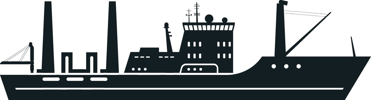 Black silhouette of a fishing boat sailing on the sea, minimalist illustration of a maritime vessel with bridge, crane, smokestack and antenna isolated on white background vector