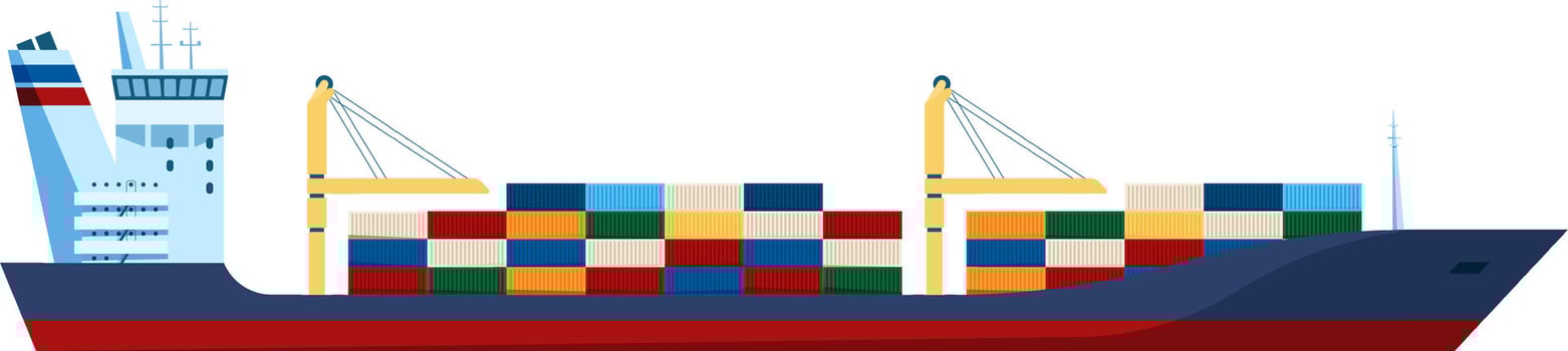 Large cargo ship carrying colorful containers is sailing on the sea, ensuring efficient and timely delivery of goods across international waters vector