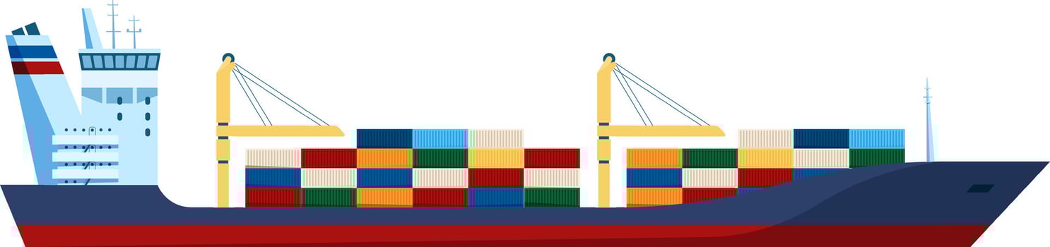 Illustration of a large cargo ship carrying stacked containers across the ocean. The vessel features cranes and a streamlined design, symbolizing global trade and maritime logistics vector