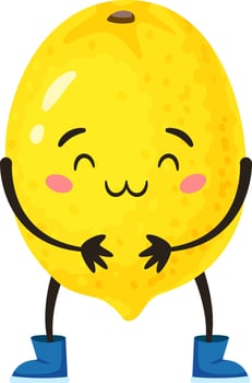 Cartoon illustration of a happy lemon character hugging itself, wearing blue boots, isolated on white background, ideal for healthy eating and wellbeing concepts vector