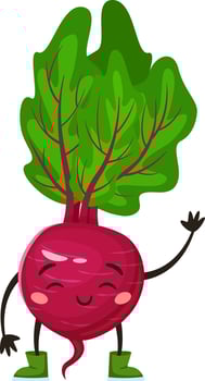Cartoon beet with green boots and leaves waving with a smile on its face, representing healthy eating and promoting a cheerful and positive attitude towards vegetables vector