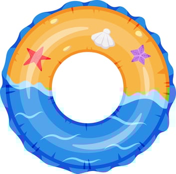 Colorful inflatable ring floating on water surface decorated with starfish and seashells, perfect for summer vacation and swimming pool fun vector