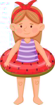 Cheerful young girl wearing a watermelon themed inflatable ring, ready for summer fun. Her striped outfit and red headband add a playful touch to the scene vector