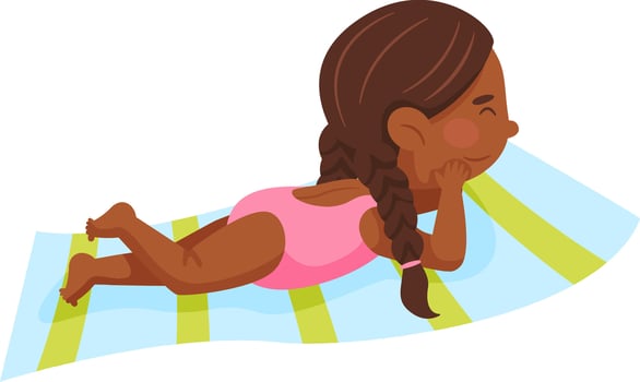 Young girl with braided hair enjoys a sunny day, lying on a colorful striped towel. She wears a pink swimsuit, embodying a carefree summer vibe, perfect for a beach or poolside setting vector