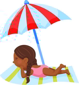 Cartoon illustration featuring a cute dark skinned girl with braided hair, relaxing on a striped beach towel under a red and light blue umbrella on a sunny beach day vector