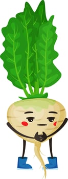 Cartoon turnip with vibrant green leaves and playful blue boots, holding its root with tiny hands, blushing and shyly gazing downward, exuding a cute and funny personality vector