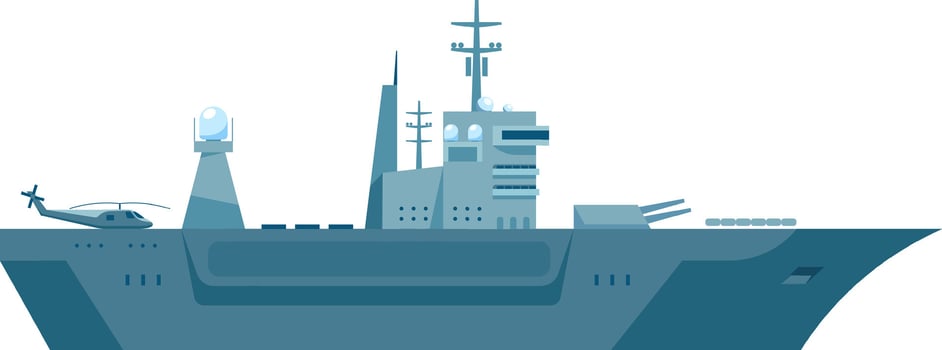 Illustration of a modern naval warship featuring a helicopter on the deck, advanced radar systems, and artillery. The vessel showcases sleek design and military technology vector