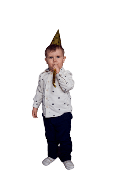 a toddler in a party caps blows a whistle flute png