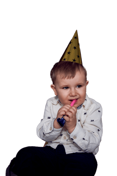 a toddler in a party cap blows whistle flute png
