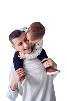 father carries his son in his arms and plays with him in a minimalist studio png