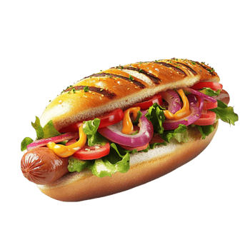 a hot dog with lettuce, onions, tomatoes and cheese on a bun png