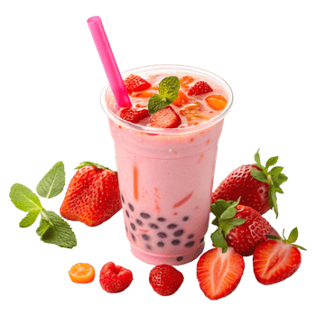 Vibrant Strawberry Bubble Tea with Pink Smoothie and Tapioca Pearls in Transparent Cup png