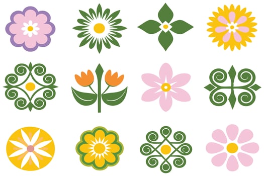 Elegant Black-and-White Flower Icons with Silhouette Design vector