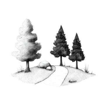 A serene pathway meandering through lush trees and rocks in a tranquil garden. png