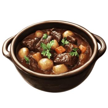 Delicious beef stew with vegetables served in a rustic brown pot. png