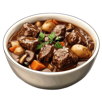 Delicious beef stew garnished with fresh herbs and vegetables, perfect for a hearty meal. png