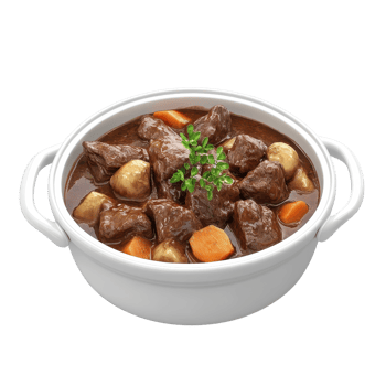 Delicious beef stew with vegetables served in a white bowl for a hearty meal. png