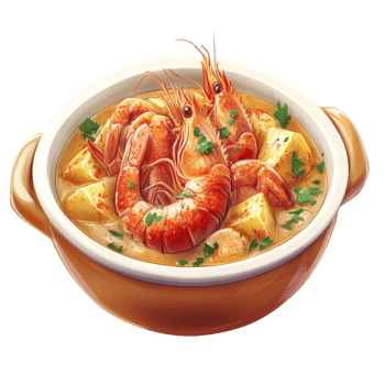 Delicious shrimp dish served in a brown bowl with vibrant ingredients and herbs. png