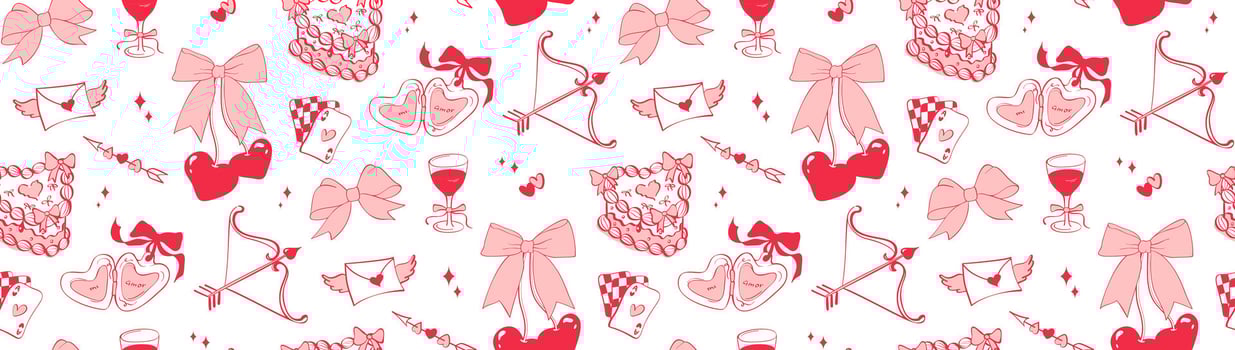 Seamless hand drawn romantic pattern in coquette style. Cherries tied in a bows, cake, cupid arrow, wine, envelope, heart locket. Vintage wallpaper, background for Valentine's day, wedding designs. vector