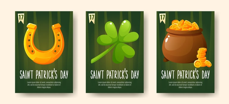 Set of posters for St. Patrick's Day, March 17. Greeting cards, invitations, banners, posters with images of a horseshoe, gold coins, shamrock clover, with congratulatory text. vector