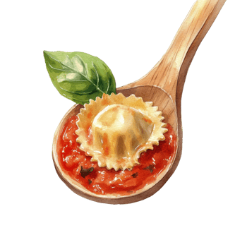 Ravioli in tomato sauce on a wooden spoon with basil png