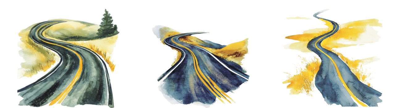 Watercolor Paintings of Winding Roads Through Landscapes png