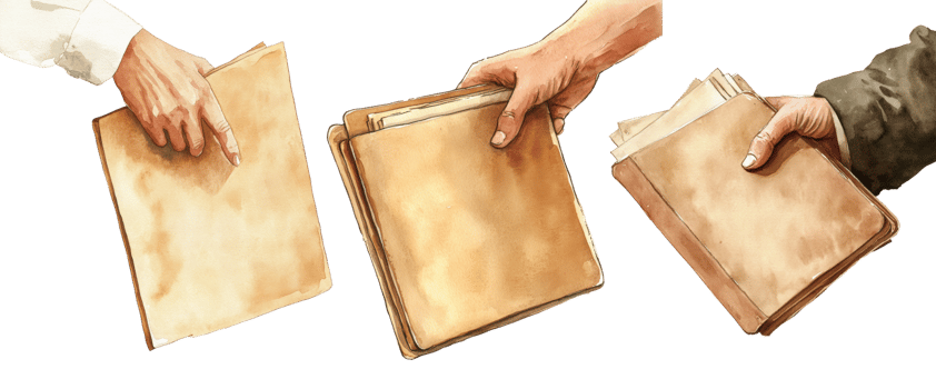 Hands exchanging aged documents and books png