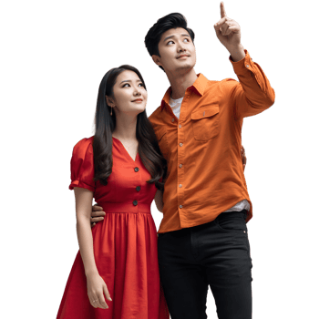 A man and woman in an orange dress pointing at something png