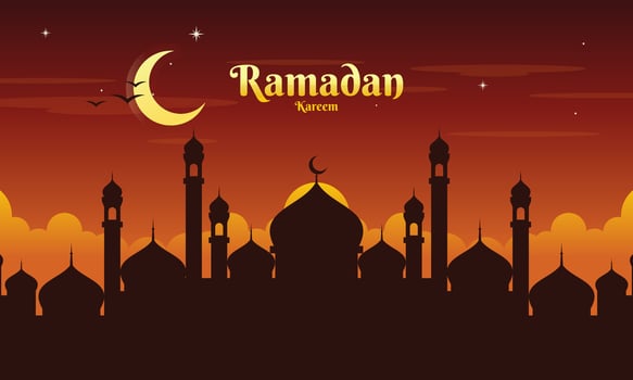 Ramadan Kareem Greeting Card with Mosque Silhouette and Crescent Background Illustration vector