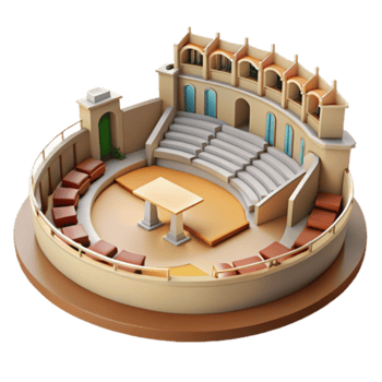 3D Model of an Ancient Amphitheater Architectural Design, Stone Seats, Stage, Circular Structure, Elevated View png