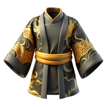 3D Render of Elegant Asian-Inspired Robe with Gold and Black Wave Pattern png