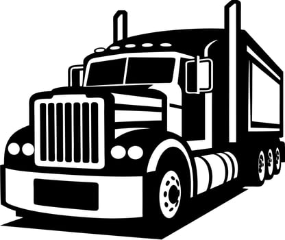 Detailed monochrome drawing of a classic semi-truck with a spacious cargo container vector
