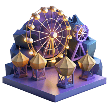 3D Render of Illuminated Ferris Wheel and Amusement Park Structures png