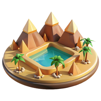 Stylized 3D Render Oasis Scene with Pyramids, Palm Trees and Pool png