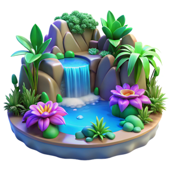 Enchanted 3D Waterfall Oasis Illustration Lush Tropical Plants Vivid Flowers png