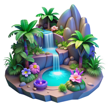 3D Cartoon Waterfall Paradise Island Scene Game Asset png