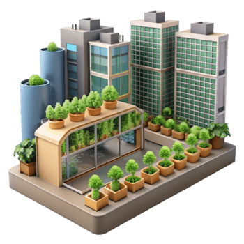 Urban Farming Rooftop Greenhouse 3D Illustration Green Buildings Sustainable Cityscape png