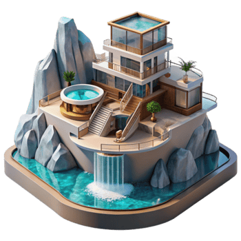 Luxury Cliffside Villa 3D Model, Waterfall, Pool, Modern Architecture png