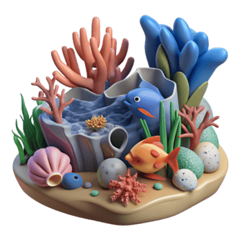 Vibrant 3D Render of an Underwater Scene with Cartoonish Coral Reef, Fish, and Seashells png