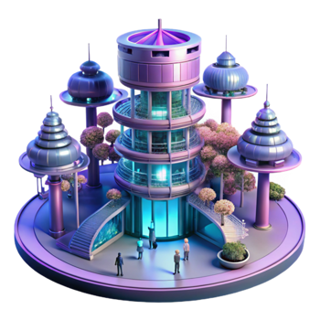 Futuristic Cityscape 3D Render Biodome Tower and Satellite Structures png