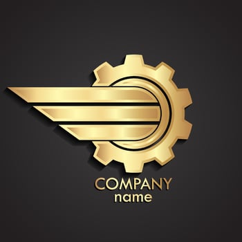 3d gold gear with metal wing logo vector