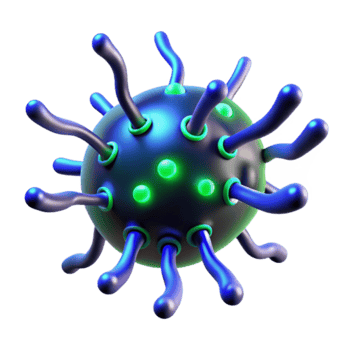 3D Render of a Virus Particle, Microscopic Infection Illustration, Vivid Color Palette, Glowing Green Elements, Abstract Medical Graphic png