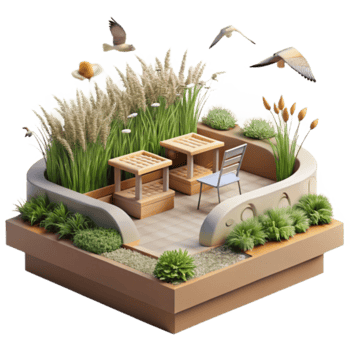 3D Illustration Rooftop Garden Design with Birds and Plants png