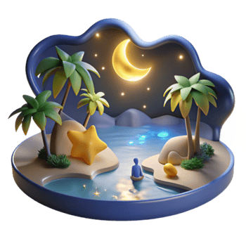Serene Nighttime Island 3D Render Tranquil Moonlit Oasis with Palm Trees, Star, and Calm Waters png