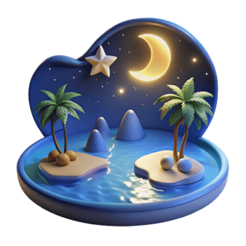 Tranquil Night Island 3D Render Palm Trees, Crescent Moon, and Starry Sky png